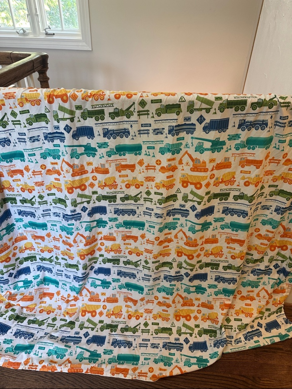 Circo Twin Sheet Set with Orange, Green, colorful Construction Trucks.